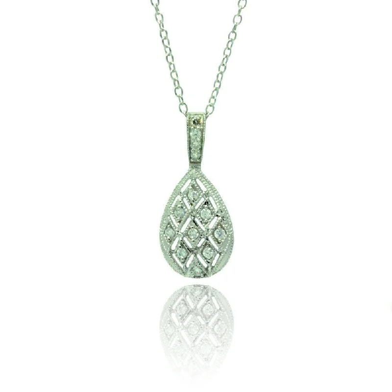 Silver 925 Rhodium Plated Teardrop CZ Necklace - BGP00779