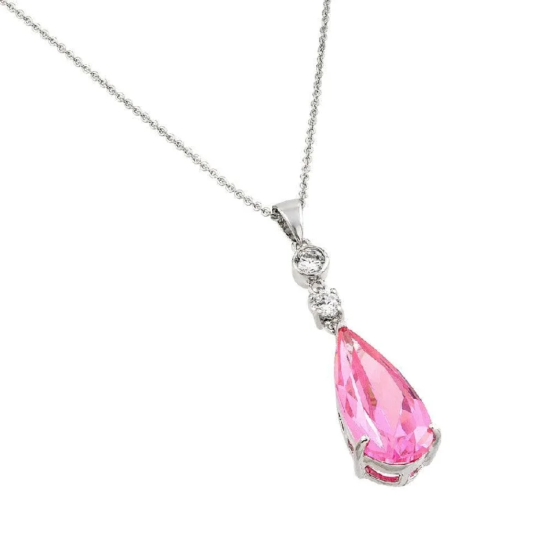 Silver 925 Rhodium Plated Teardrop Pink CZ Dangling Necklace - BGP00810PK