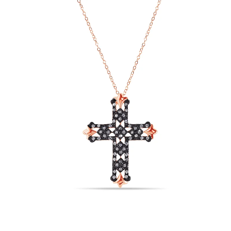 Silver 925 Rose Gold and Black Plated Clear Cross CZ Necklace - BGP00687RGP