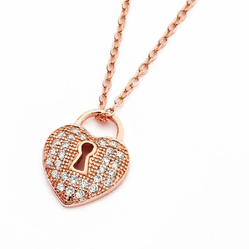 Silver 925 Rose Gold Plated Clear CZ Heart Lock Pendant Necklace - BGP00824RGP