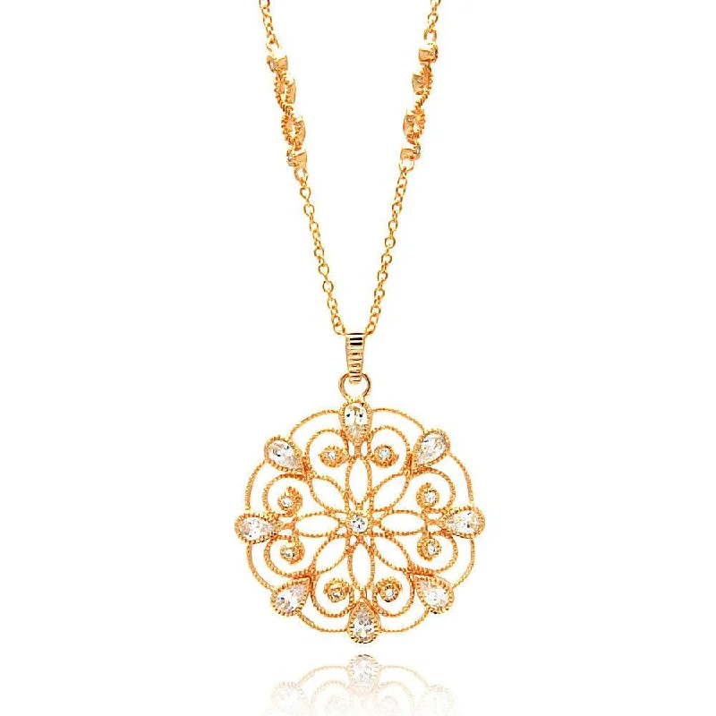 Silver 925 Rose Gold Plated Open Circle Flower Design CZ Necklace - BGP00652