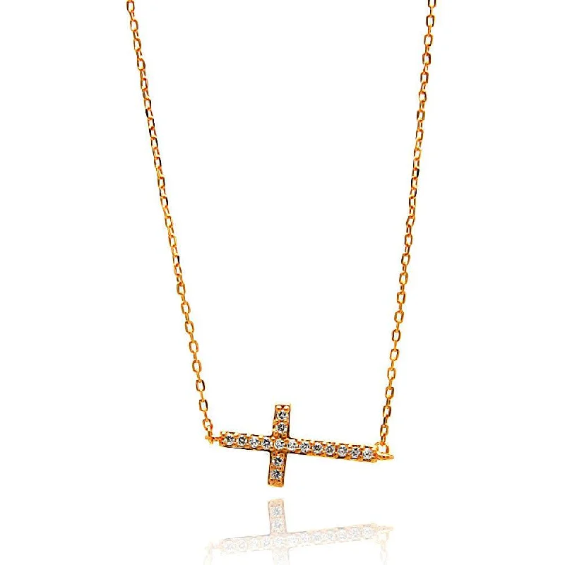 Silver 925 Rose Gold Plated Sideways Cross CZ Necklace - BGP00672