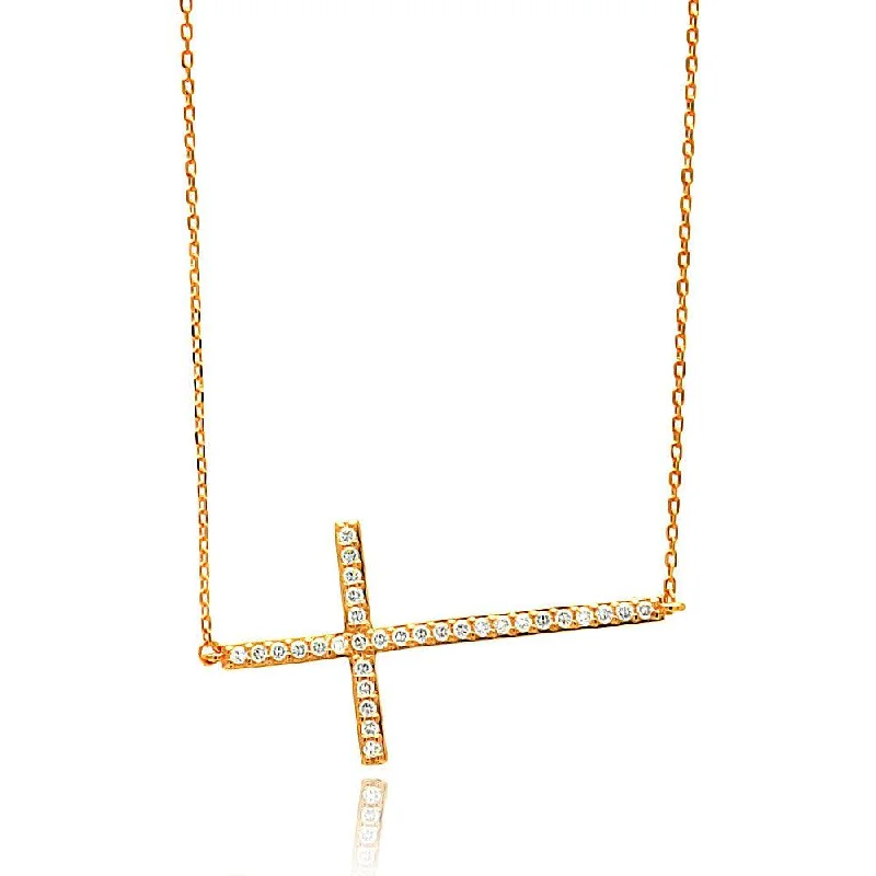 Silver 925 Rose Gold Plated Sideways Cross CZ Necklace - BGP00675