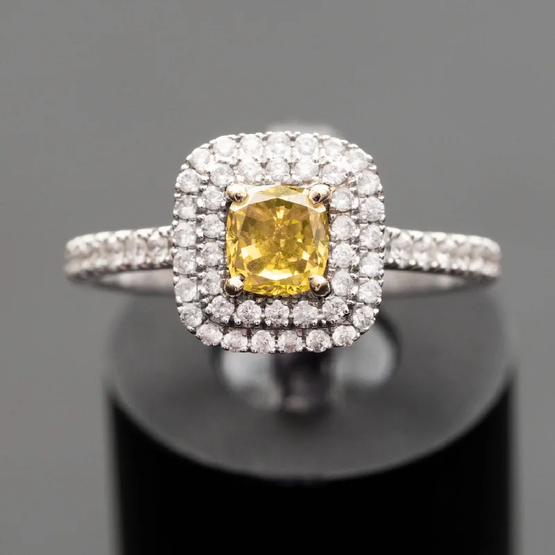 Lucile - GIA certificate - 0.68 carat fancy deep yellow VVS1 natural diamond with 0.46 D-F/VS natural white diamonds