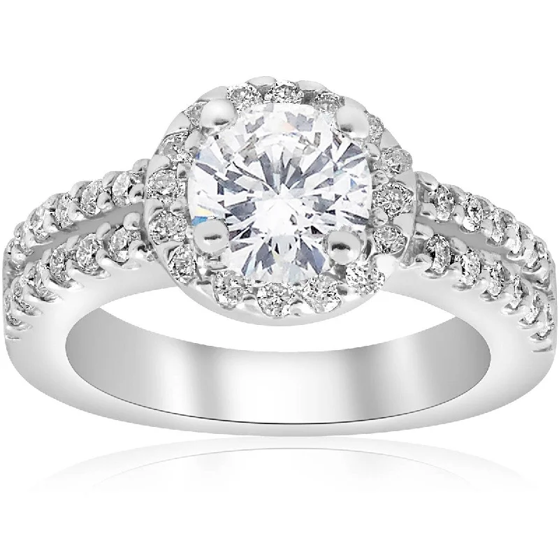 1 1/2ct Halo Diamond Engagement Ring 14K White Gold Double Row