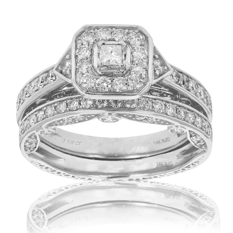 1 1/4 cttw Diamond Wedding Engagement Ring Bridal Set 14K White Gold Halo