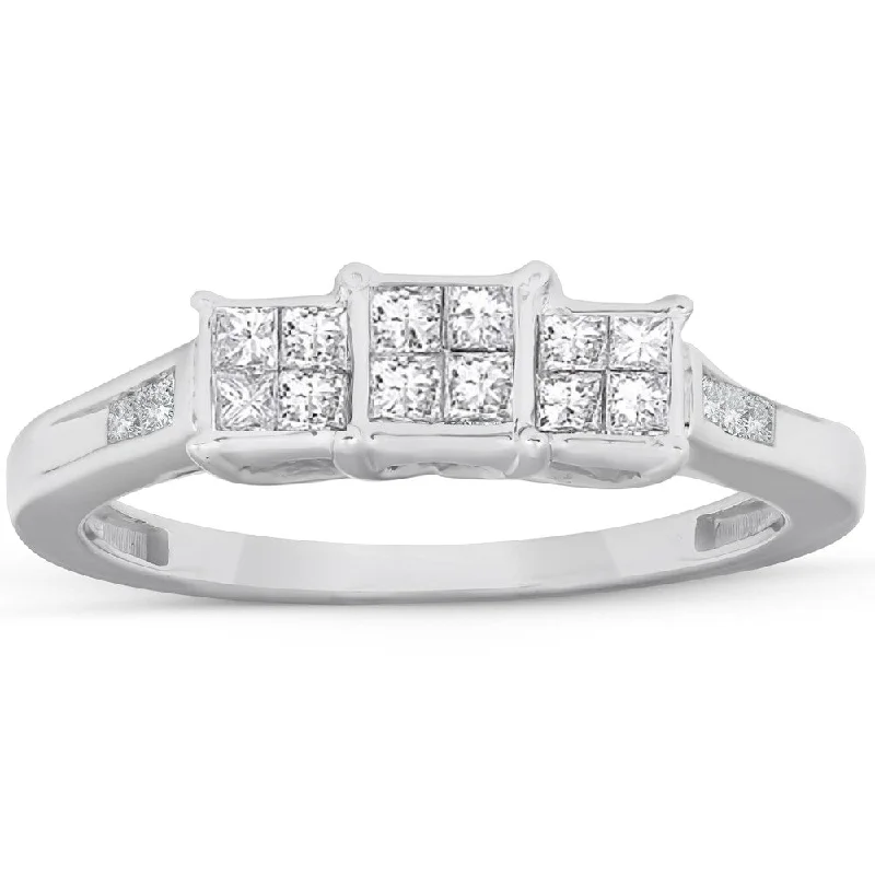 1/2 Ct Princess Cut Diamond Three Stone Engagement Ring 10k White Gold