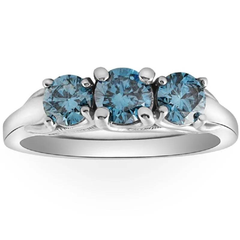 1 Ct Blue Diamond 3-Stone Engagement Anniversary Ring Lab Grown in White or Gold