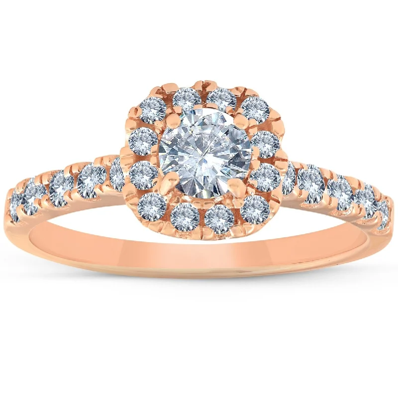 1 Ct Diamond Engagement Cushion Halo Ring 14k Rose Gold - White