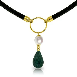 10.8 Carat 14K Solid Yellow Gold Leather Necklace Pearl Emerald