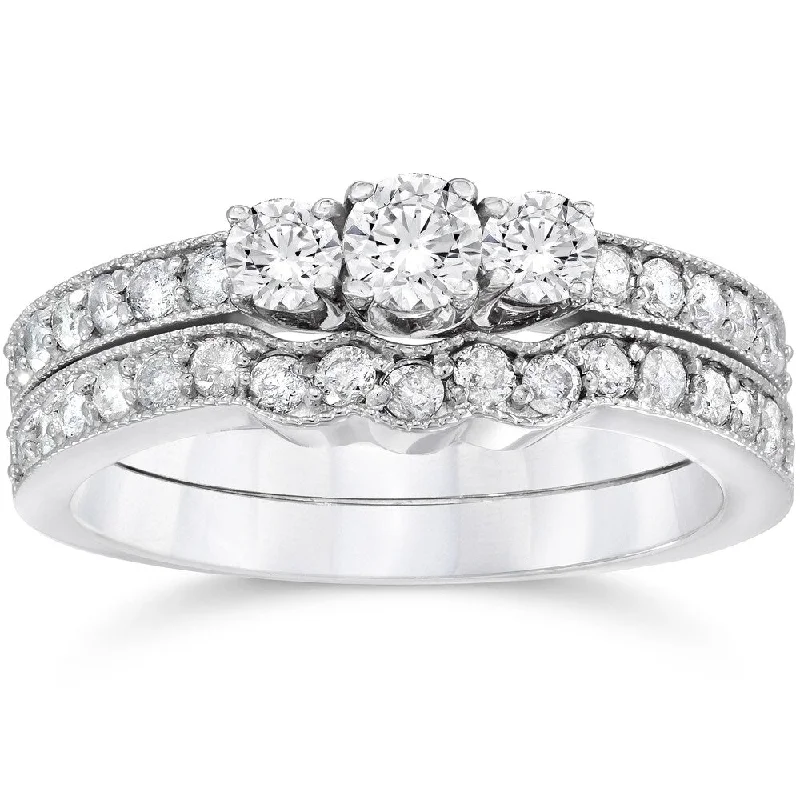 10k White Gold 3/4ct TDW 3-stone Diamond Engagement Wedding Ring Set