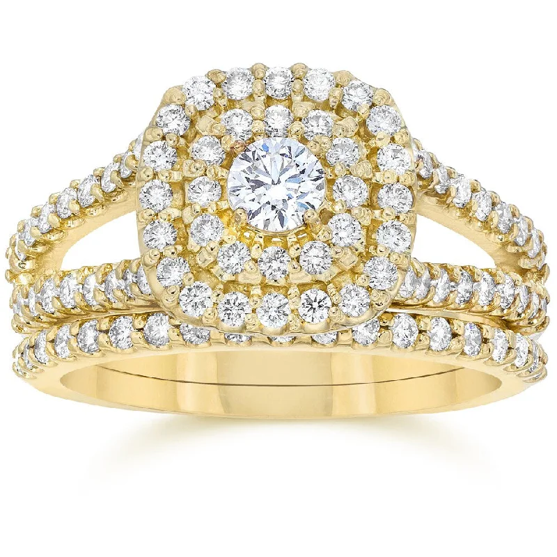 10k Yellow Gold 1 1/ 10 ct TDW Diamond Cushion Halo Engagement Ring Set