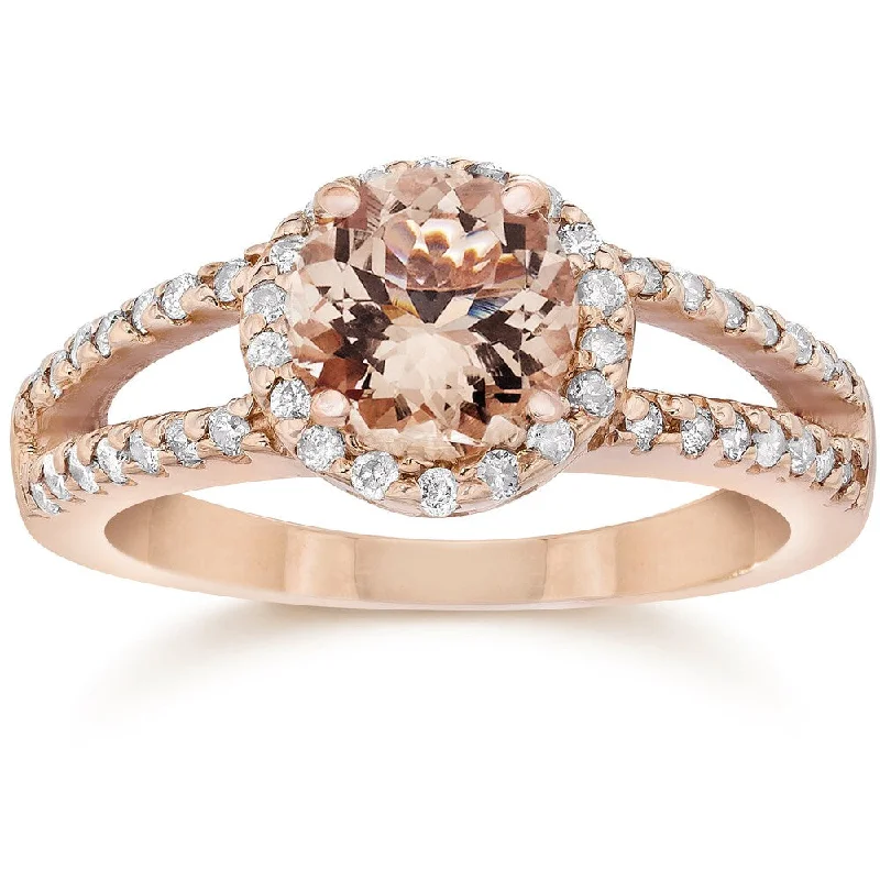 14k Rose Gold 1/ 2 ct. TDW Morganite & Diamond Split Shank Halo Fancy Engagement Ring (I-J, I2-I3)