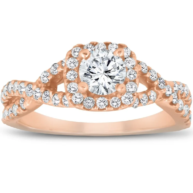 14k Rose Gold 1 Ct TDW Round Diamond Cushion Halo Engagement Ring