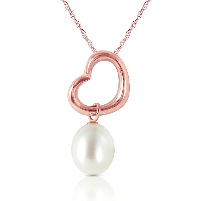 14K Solid Rose Gold Heart Necklace w/ Dangling Natural Pearl