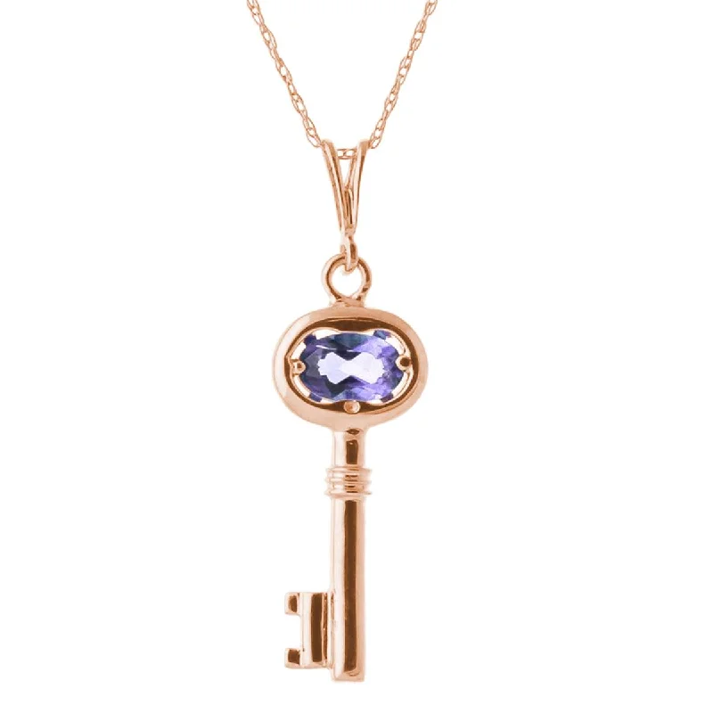 14K Solid Rose Gold Key Charm Necklace w/ Tanzanite