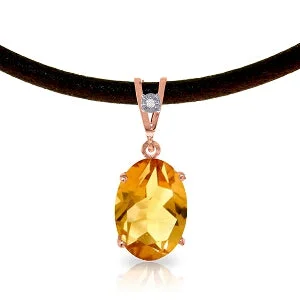 14K Solid Rose Gold & Leather Diamond/Citrine Oval Cut Necklace