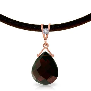 14K Solid Rose Gold & Leather Diamond/Garnet Pear Cut Necklace