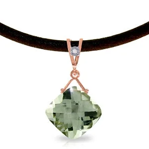 14K Solid Rose Gold & Leather Diamond & Green Amethyst Necklace