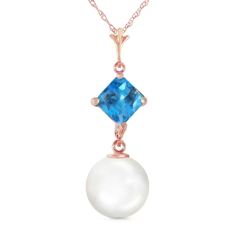 14K Solid Rose Gold Natural Blue Topaz & Pearl Necklace Jewelry