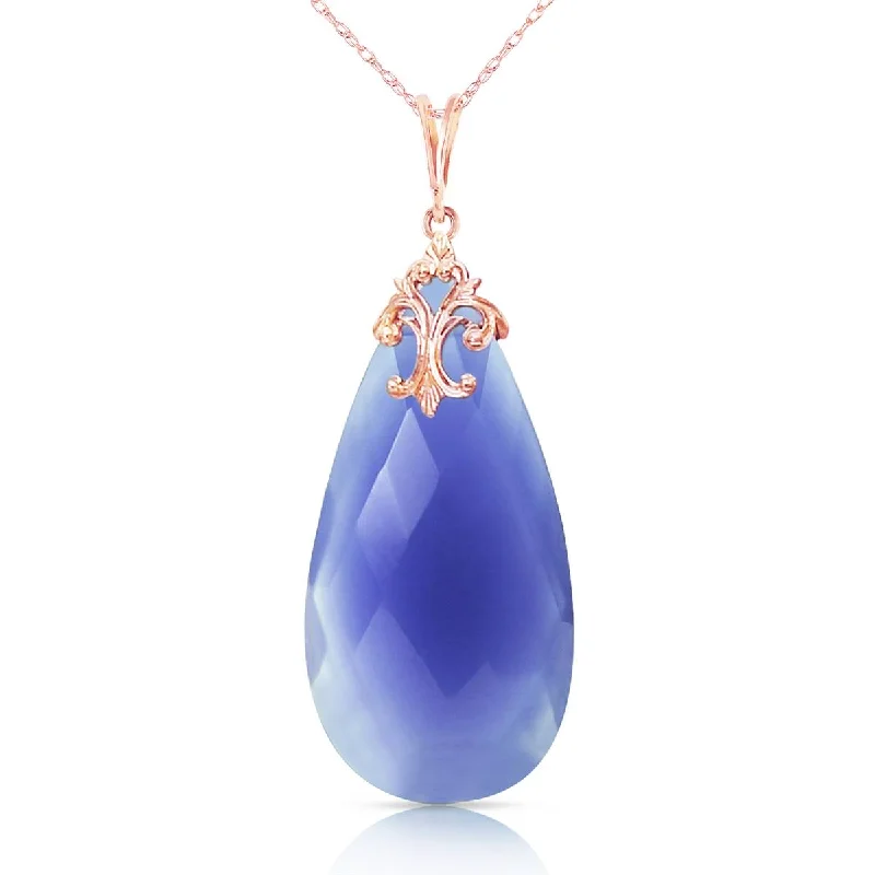 14K Solid Rose Gold Necklace w/ Briolette 31x16 mm Deep Blue Chalcedony