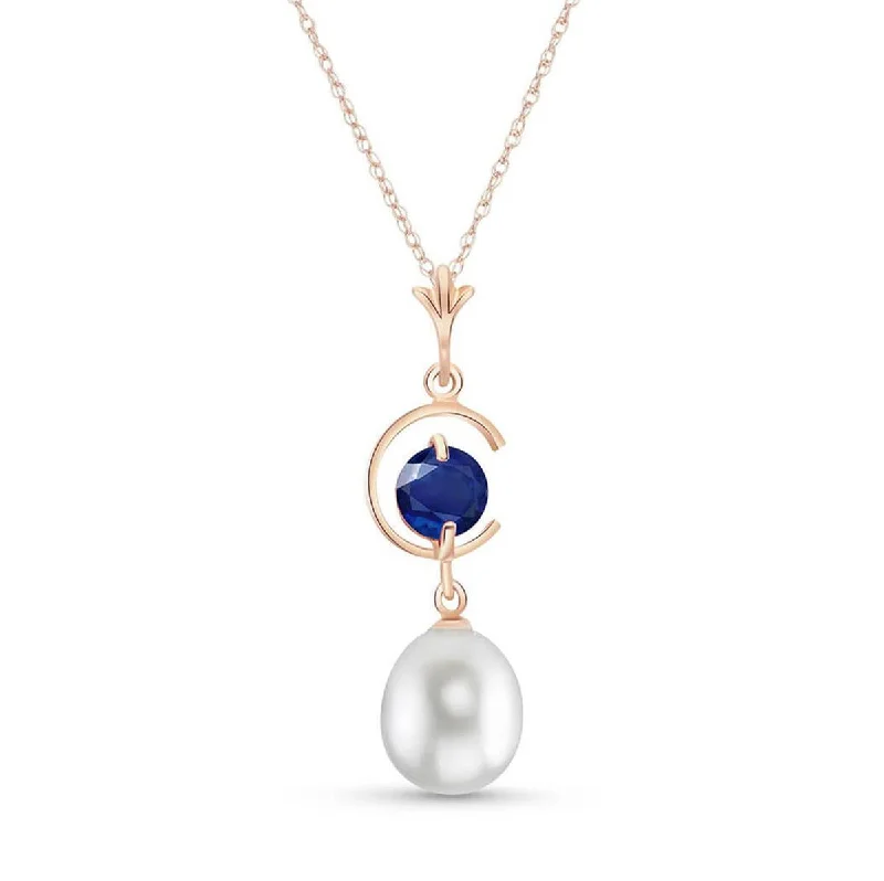 14K Solid Rose Gold Necklace w/ Natural Pearl & Sapphire