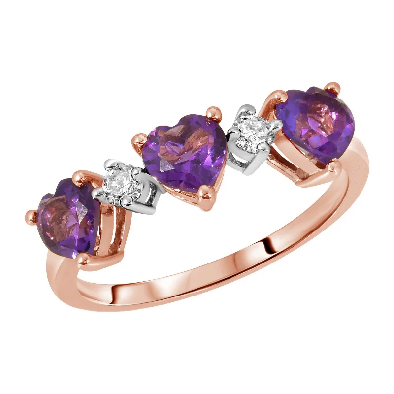 14K Solid Rose Gold Ring Triple Heart Design with Natural Diamonds and Natural Purple Amethyst  1.50 CTW