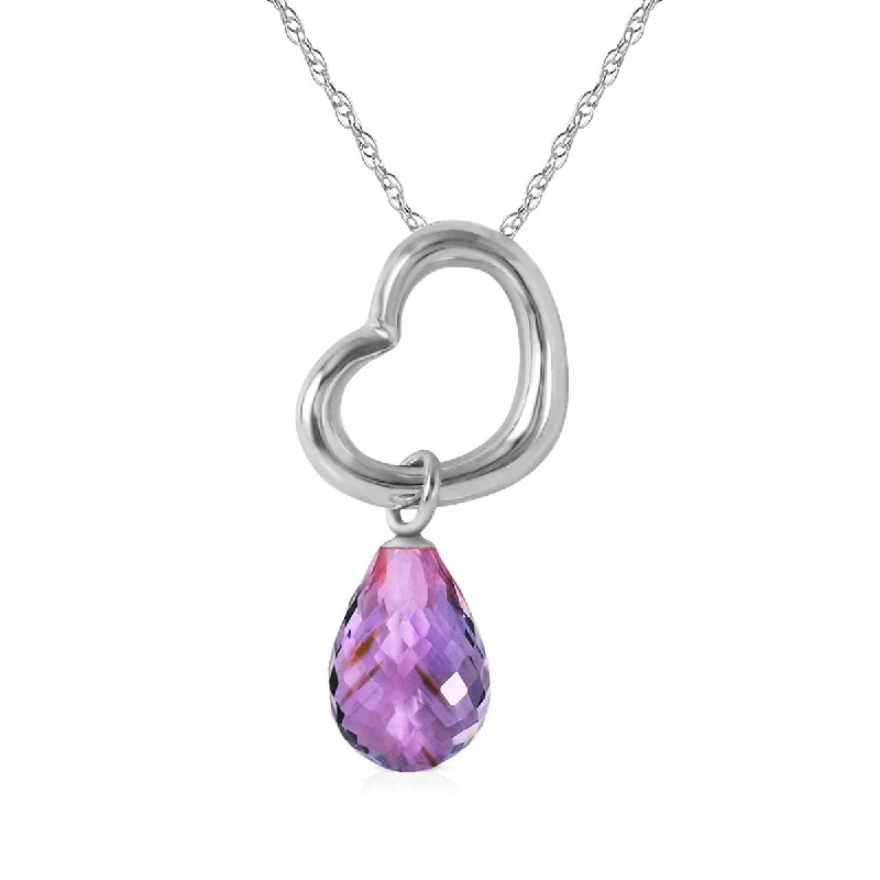 14K Solid White Gold Heart Necklace w/ Dangling Natural Amethyst