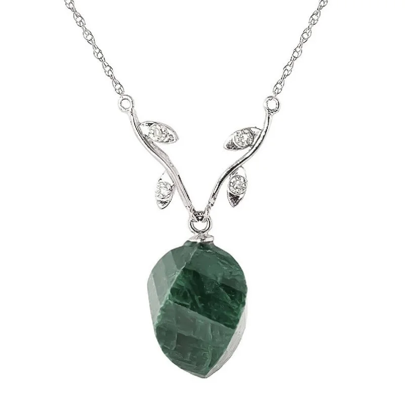 14K Solid White Gold Necklace Diamonds & Twisted Briolette Emerald