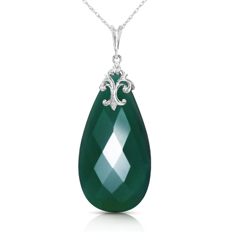 14K Solid White Gold Necklace w/ Briolette 31x16 mm Deep Green Chalcedony