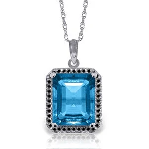 14K Solid White Gold Necklace w/ Natural Black Diamonds & Blue Topaz