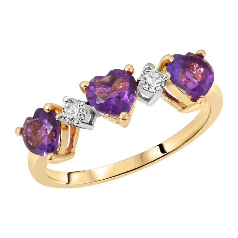 14K Solid Yellow Gold Ring Triple Heart Design with Natural Diamonds and Natural Purple Amethyst  1.50 CTW