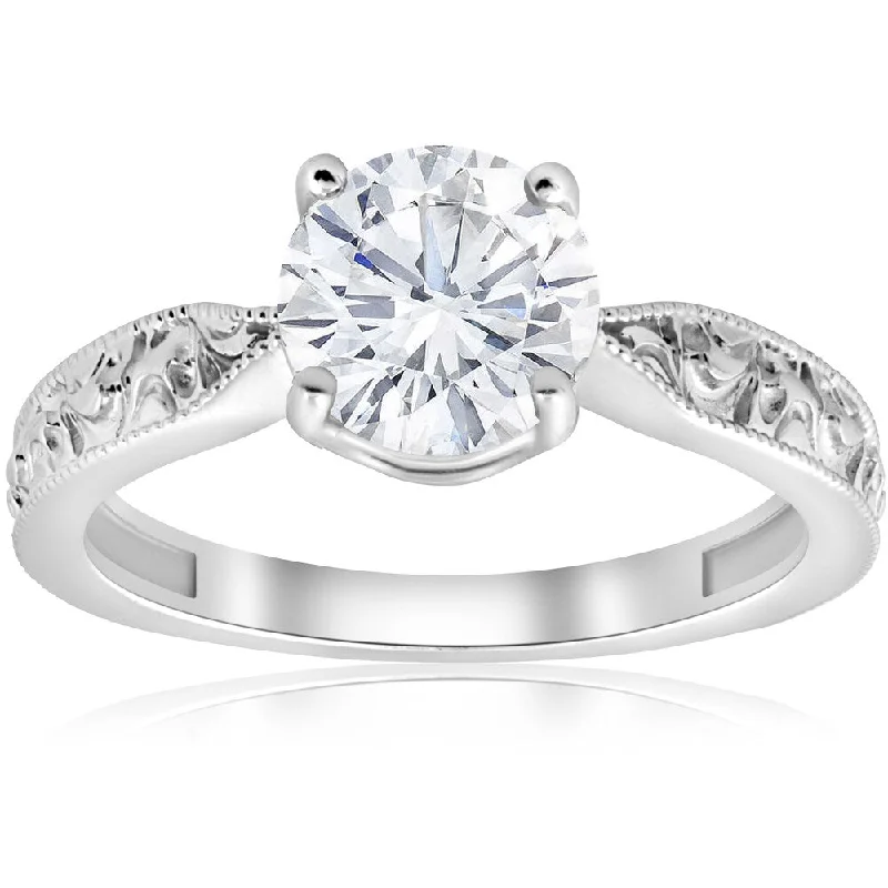 14K White Gold 1 1/2ct Solitaire Vintage Scroll Clarity Enhanced Diamond Engagement Ring (H-I, I1-I2)