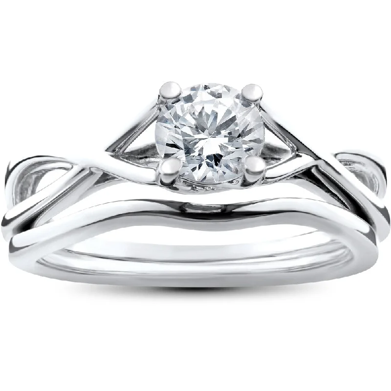 14k White Gold 1/2ct Intertwined Solitaire Diamond Engagement Ring Matching Wedding Band Set