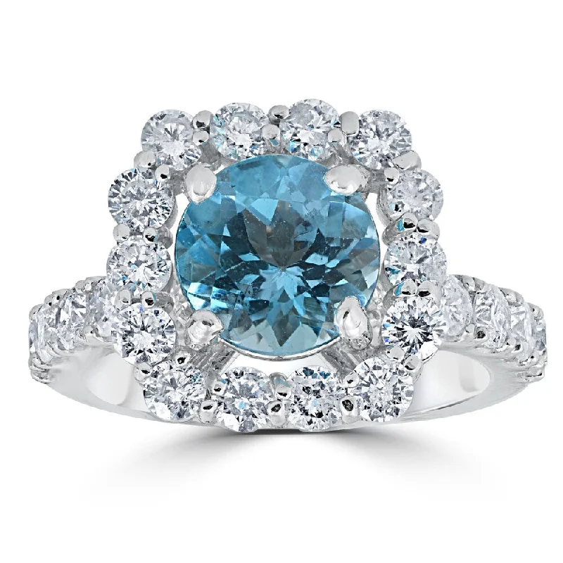 14k White Gold 2 1/2 ct TW Cushion Halo Blue Topaz Diamond Anniversary Engagement Ring (G-H,I1-I2)