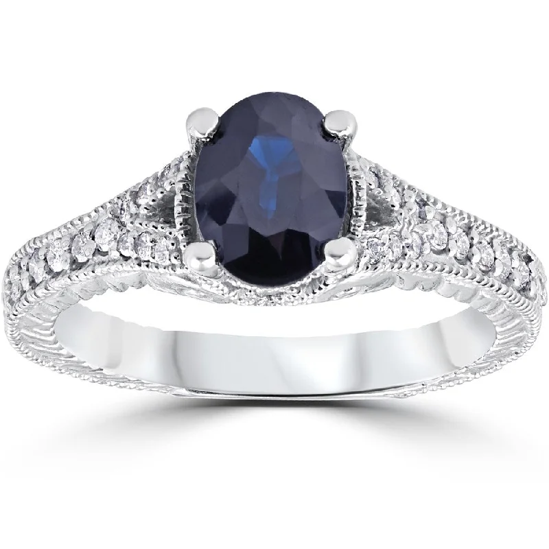 14k White Gold 2 1/3 ct TW Vintage Diamond Blue Sapphire Engagement Ring (I-J, I2-I3)