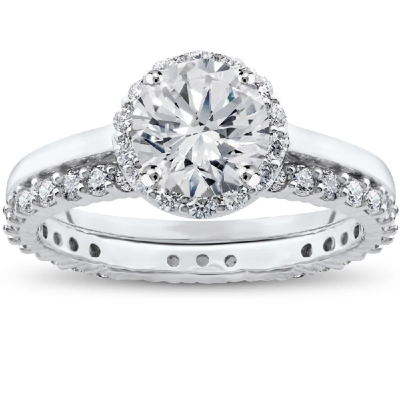 14k White Gold 2 ct TDW Eco Freindly Lab Grown Diamond Madelyn Halo Engagement Ring & Eternity Ring Set (F-G, SI1-SI2)