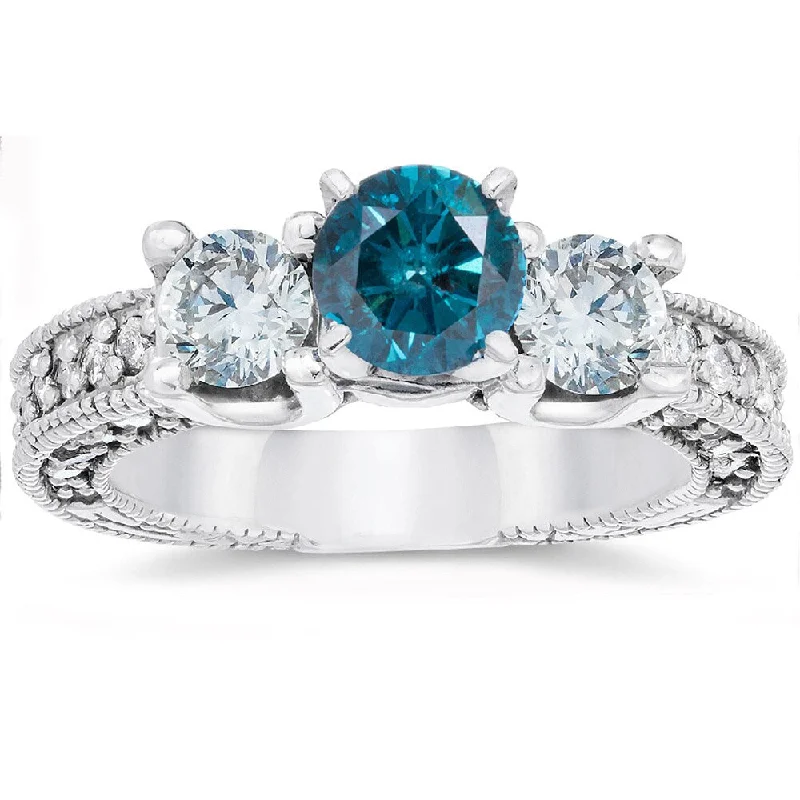 14k White Gold 2ct TDW Vintage Blue Diamond Engagement 3-Stone Ring