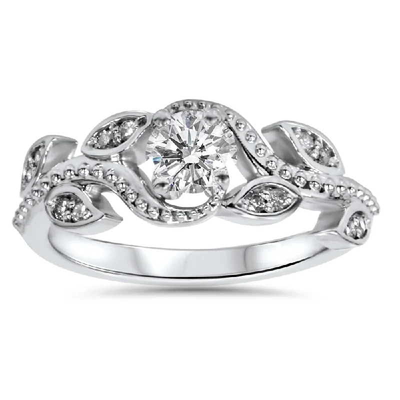 14k White Gold 3/8ct TDW Vine Petal Vintage Style Diamond Engagement Ring