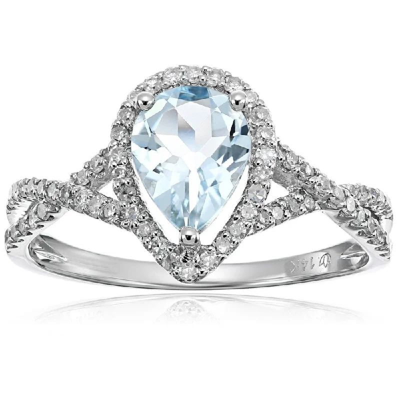 14k White Gold Aquamarine and Diamond Solitaire Infinity Shank Engagement Ring, Size 7