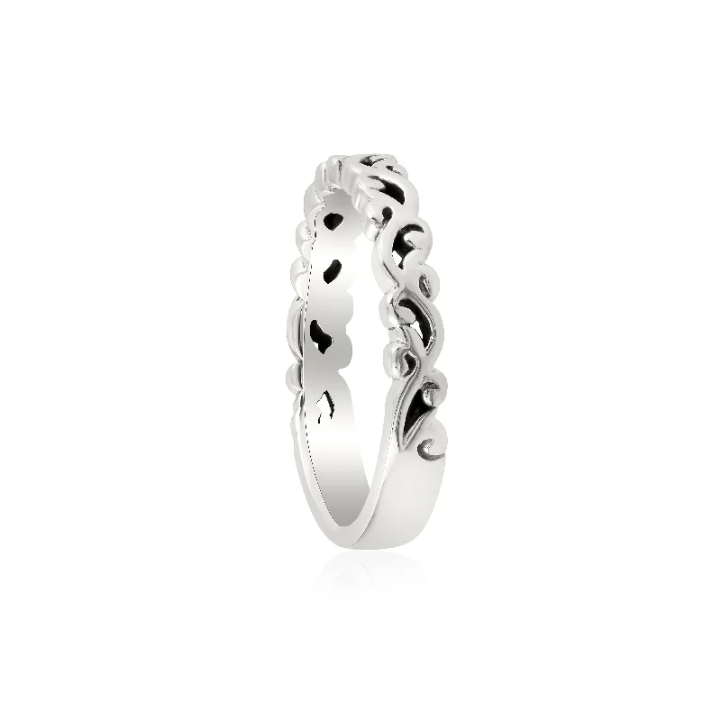 14k White gold Hand Carved Womens Wedding Band Filigree Vintage Stackable Ring