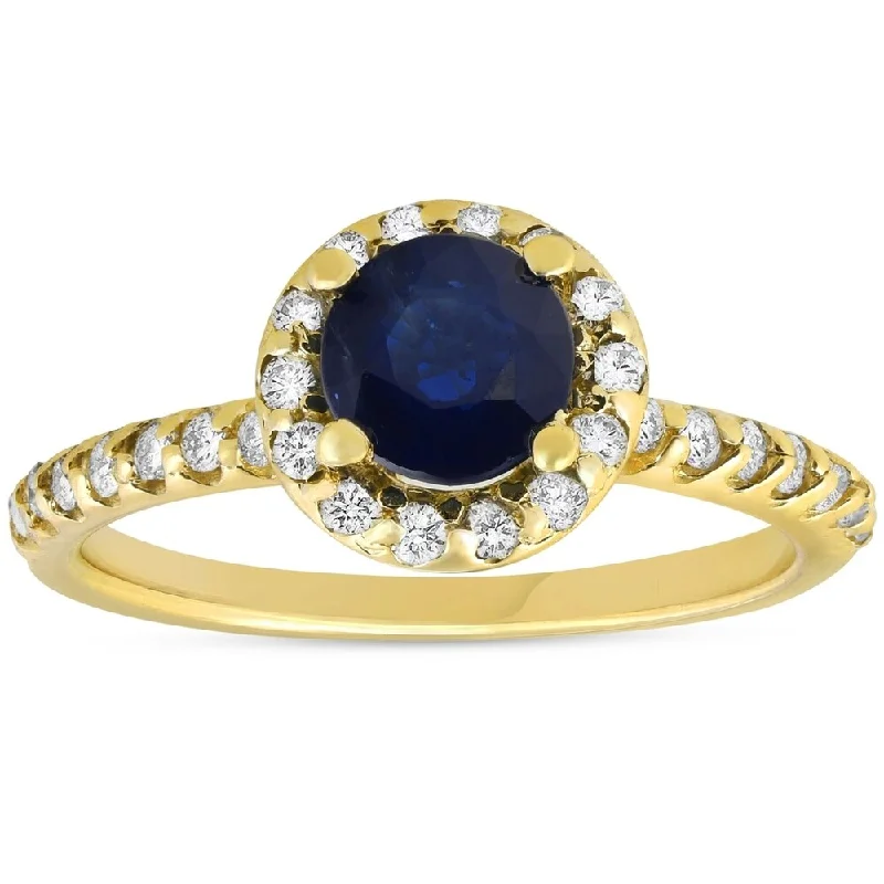 1ct Blue Sapphire & Diamond Halo Engagement Ring 14K Yellow Gold