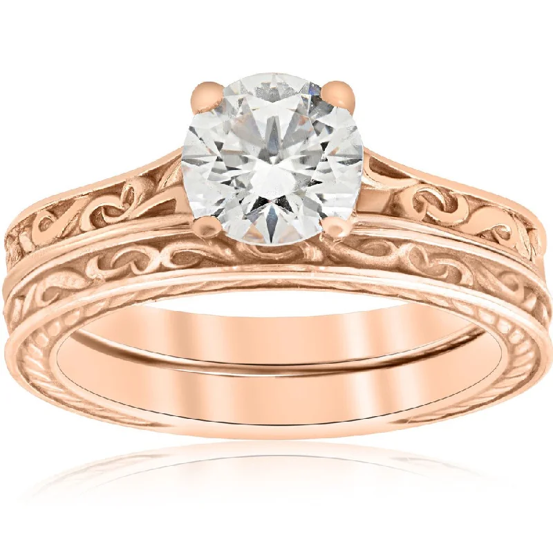 1ct Diamond Solitaire 14k Rose Gold Vintage Engagement Ring Wedding Band Clarity Enhanced (H-I, I1-I2)