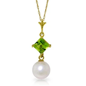 2.5 Carat 14K Solid Yellow Gold Feminine Charisma Peridot Pearl Necklace