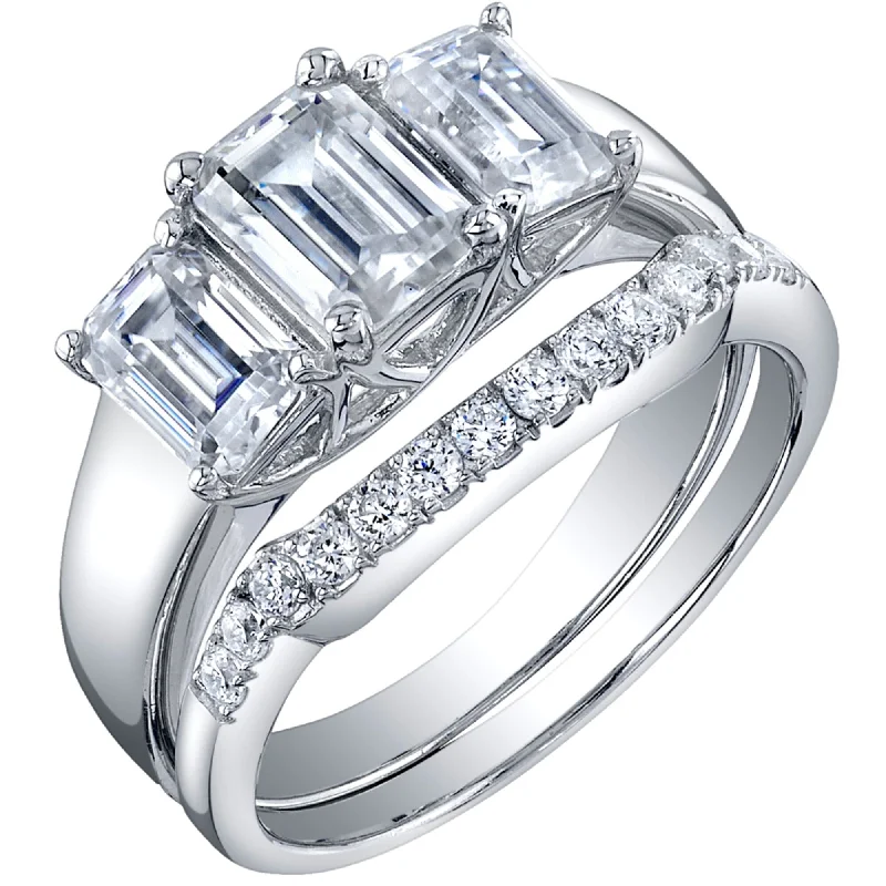 2.5 ct Moissanite Emerald Cut Engagement Ring Wedding Band Bridal Set in Sterling Silver