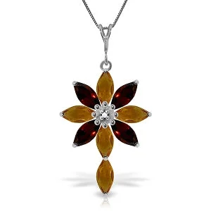 2 Carat 14K Solid White Gold Necklace Diamond, Citrine Garnet