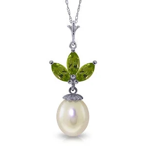 4.75 Carat 14K Solid White Gold Necklace Pearl Peridot