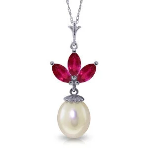 4.75 Carat 14K Solid White Gold Necklace Pearl Ruby