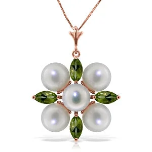 6.3 Carat 14K Solid Rose Gold Snowflake Pearl Peridot Necklace