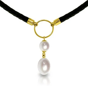 6 Carat 14K Solid Yellow Gold Leather Necklace Natural Pearl